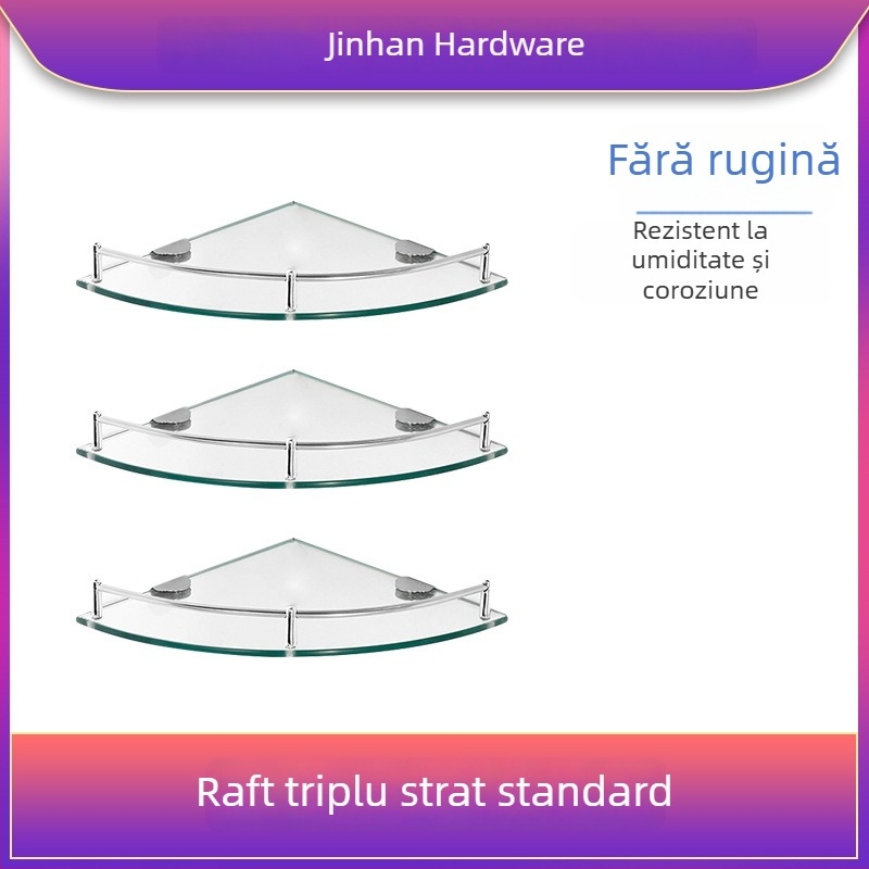 Raft triunghiular de baie din sticlă, montaj pe perete în colț, unic nivel, finisaj lucios, încărcare 1–5 kg