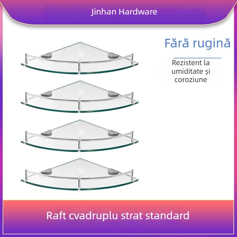 Raft triunghiular de baie din sticlă, montaj pe perete în colț, unic nivel, finisaj lucios, încărcare 1–5 kg