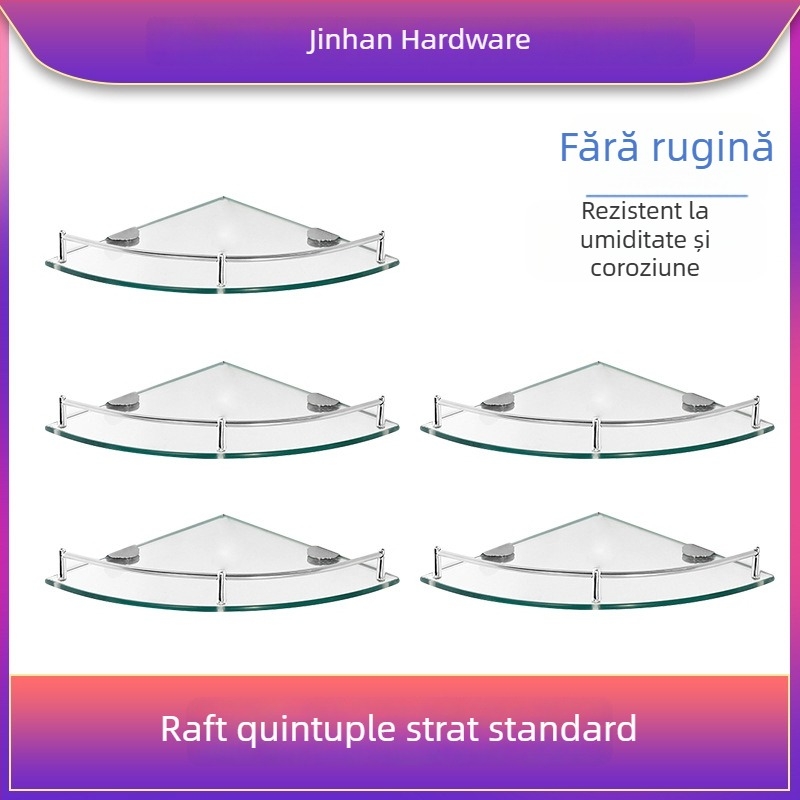 Raft triunghiular de baie din sticlă, montaj pe perete în colț, unic nivel, finisaj lucios, încărcare 1–5 kg