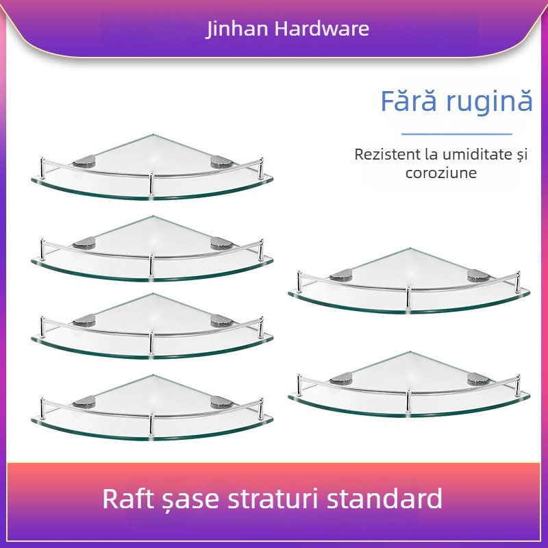Raft triunghiular de baie din sticlă, montaj pe perete în colț, unic nivel, finisaj lucios, încărcare 1–5 kg