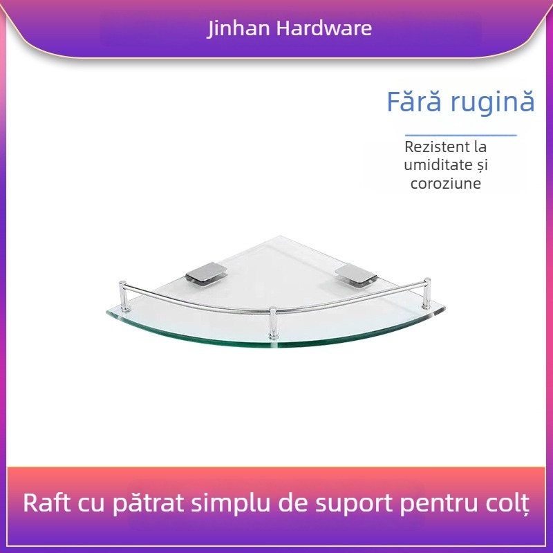 Raft triunghiular de baie din sticlă, montaj pe perete în colț, unic nivel, finisaj lucios, încărcare 1–5 kg