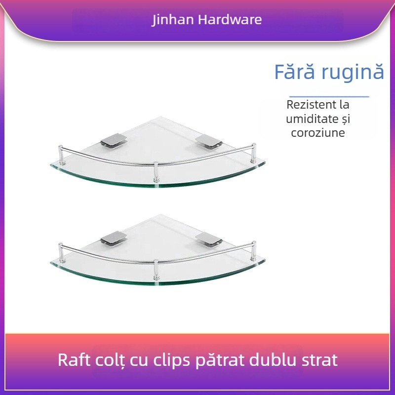 Raft triunghiular de baie din sticlă, montaj pe perete în colț, unic nivel, finisaj lucios, încărcare 1–5 kg
