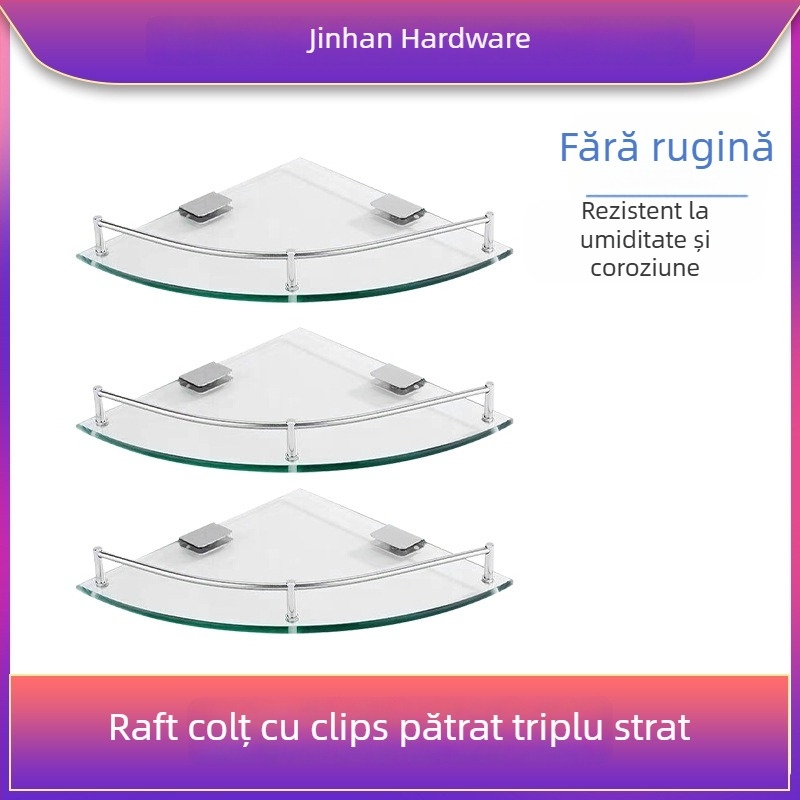 Raft triunghiular de baie din sticlă, montaj pe perete în colț, unic nivel, finisaj lucios, încărcare 1–5 kg