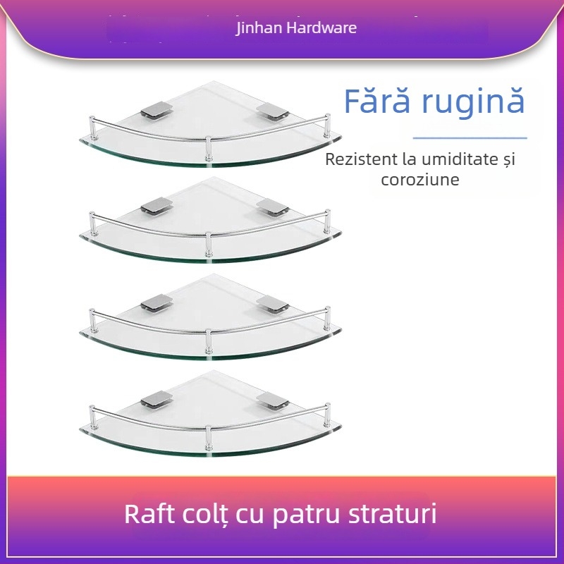 Raft triunghiular de baie din sticlă, montaj pe perete în colț, unic nivel, finisaj lucios, încărcare 1–5 kg