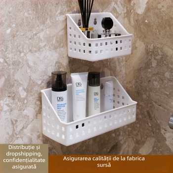 Raft de depozitare pentru baie montat pe perete cu ventuză, fără găuri, 1 nivel, din plastic, capacitate 10 kg