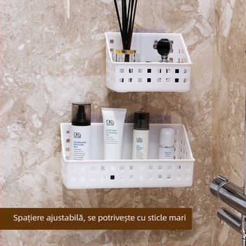 Raft de depozitare pentru baie montat pe perete cu ventuză, fără găuri, 1 nivel, din plastic, capacitate 10 kg