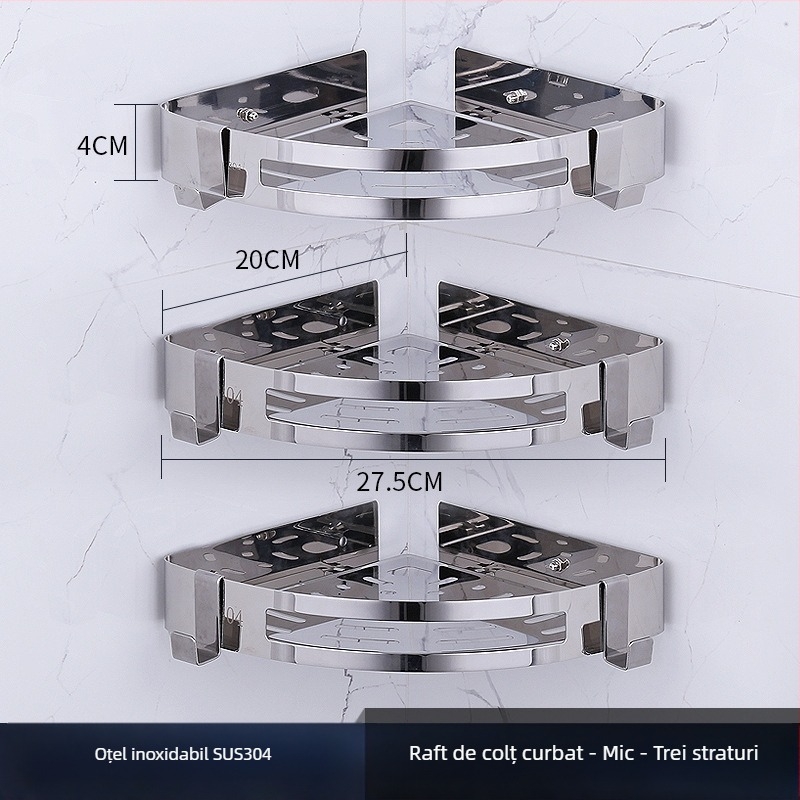 Raft de colț pentru baie, oțel inoxidabil, finisaj lucios, 2 etaje, modelul 750, capacitate de încărcare 10