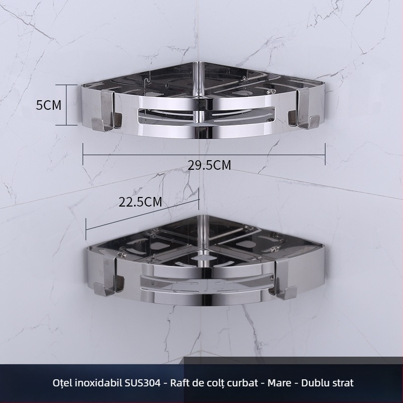 Raft de colț pentru baie, oțel inoxidabil, finisaj lucios, 2 etaje, modelul 750, capacitate de încărcare 10