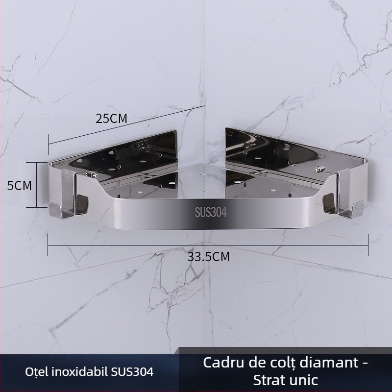 Raft de colț pentru baie, oțel inoxidabil, finisaj lucios, 2 etaje, modelul 750, capacitate de încărcare 10