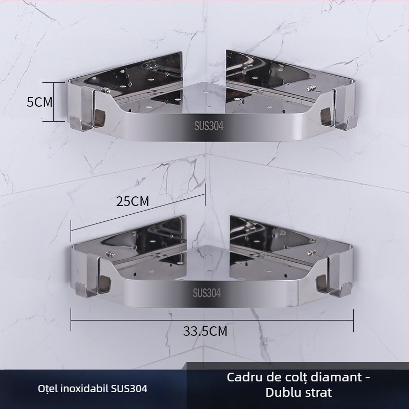 Raft de colț pentru baie, oțel inoxidabil, finisaj lucios, 2 etaje, modelul 750, capacitate de încărcare 10