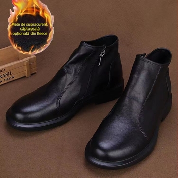 Ghete de bărbați din piele naturală, din primul strat de piele de vițel, talpă din cauciuc, fermoar lateral, respirante, de iarnă
