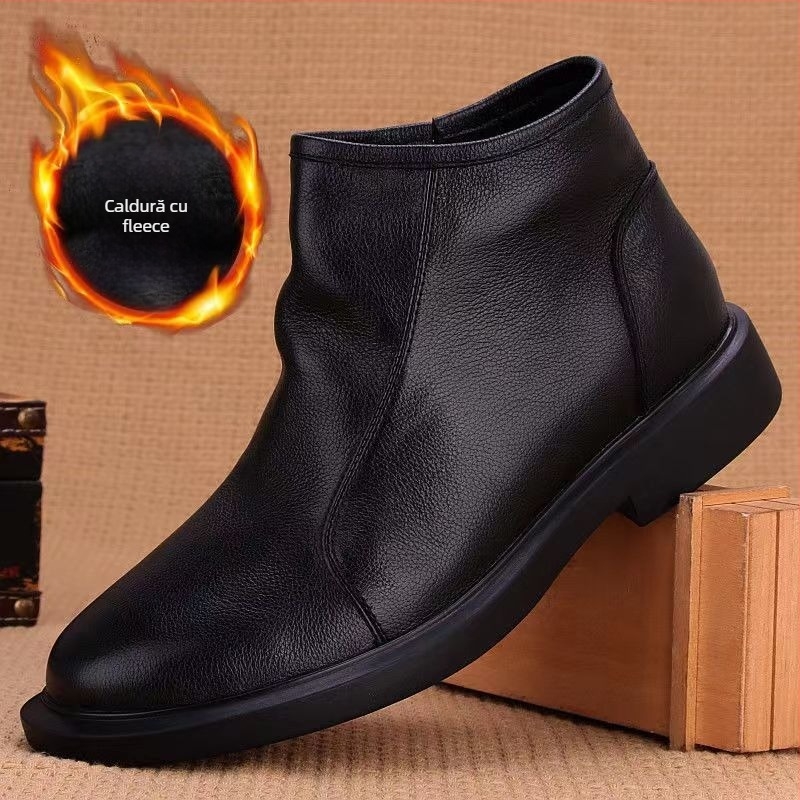Ghete de bărbați din piele naturală, din primul strat de piele de vițel, talpă din cauciuc, fermoar lateral, respirante, de iarnă