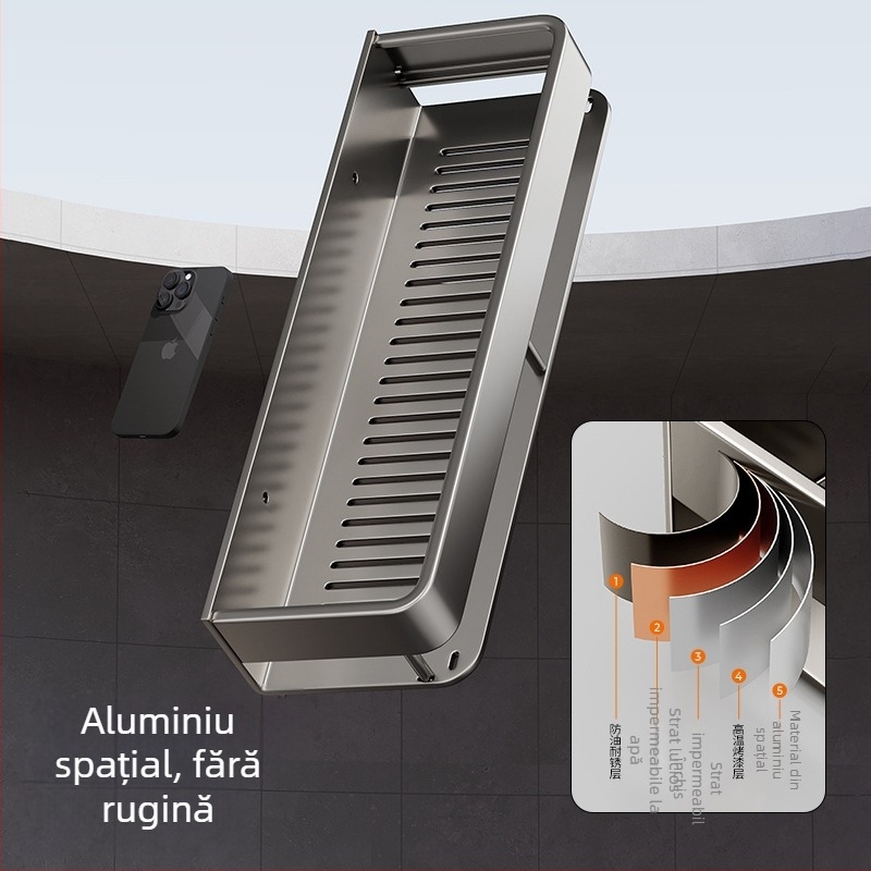 Raft de baie montat pe perete, ridicat, fără găuri; construcție din aluminiu, capacitate de încărcare 15 kg