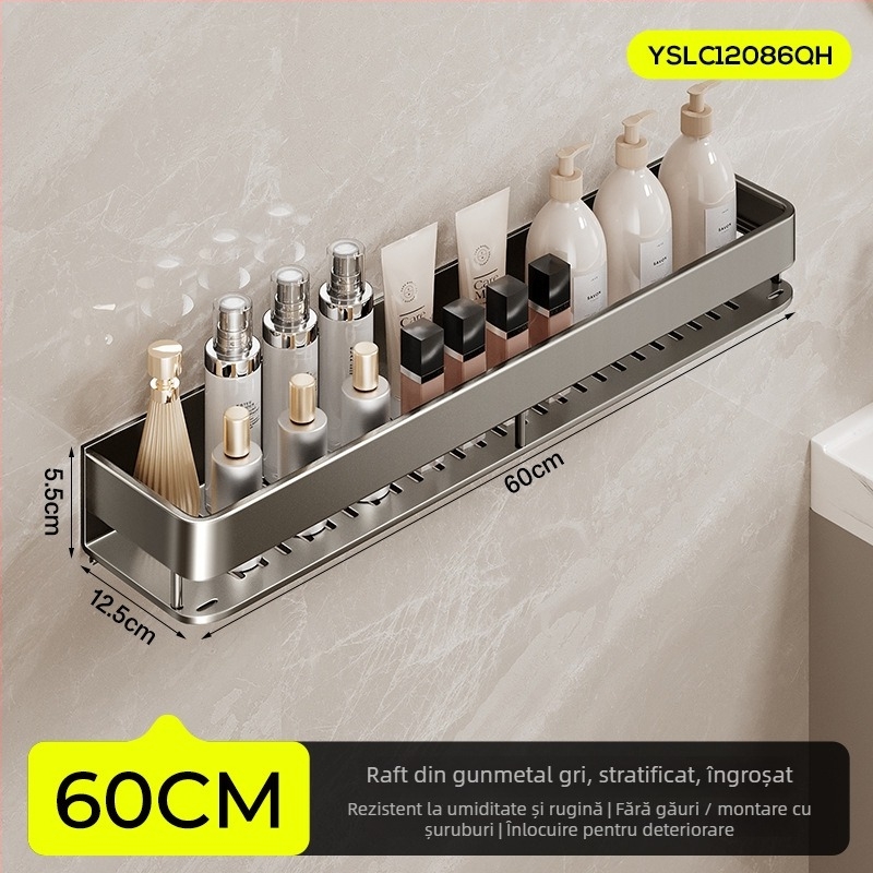 Raft de baie montat pe perete, ridicat, fără găuri; construcție din aluminiu, capacitate de încărcare 15 kg