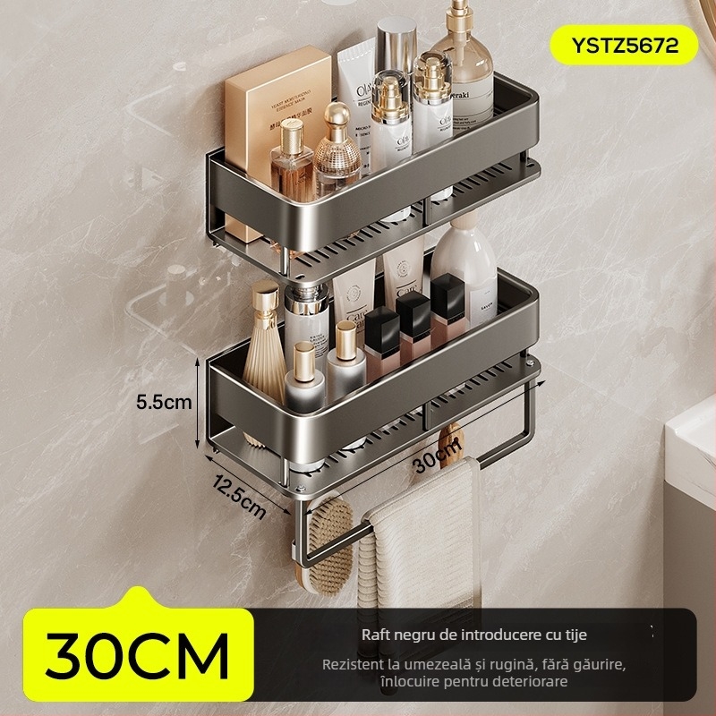 Raft de baie montat pe perete, ridicat, fără găuri; construcție din aluminiu, capacitate de încărcare 15 kg
