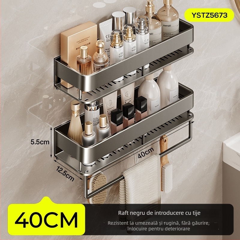 Raft de baie montat pe perete, ridicat, fără găuri; construcție din aluminiu, capacitate de încărcare 15 kg