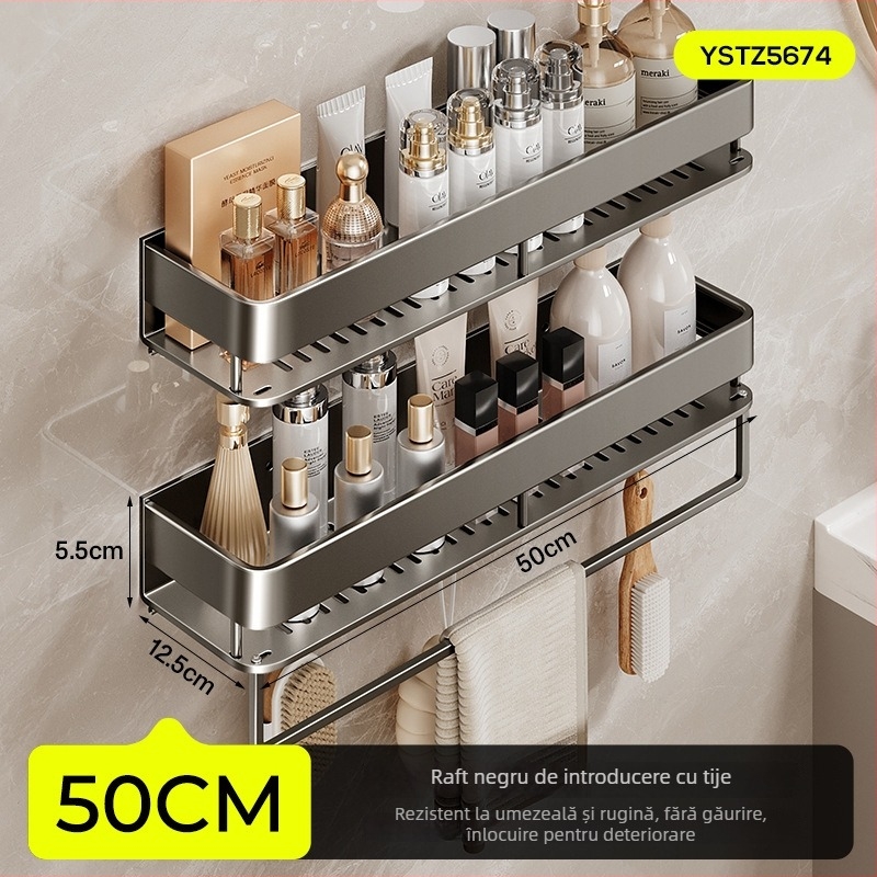 Raft de baie montat pe perete, ridicat, fără găuri; construcție din aluminiu, capacitate de încărcare 15 kg