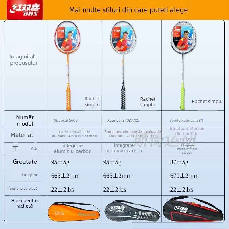 Rachetă badminton, din carbon complet, ultra-ușoară, greutate 95–100 g, grosimea mânerului G3, tip rachetă: drept, potrivită pentru copii