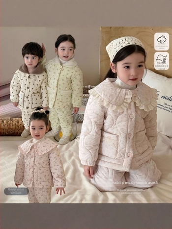 Set pentru copii de haine de casă pentru iarnă, cu trei straturi quilt, din bumbac 100%, unisex, vârsta 3–8 ani