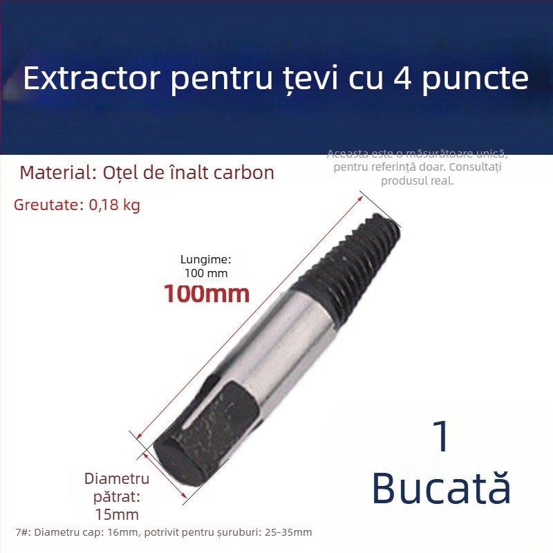 Extractor conic cu filet invers pentru șuruburi rupte la robinete și ventile