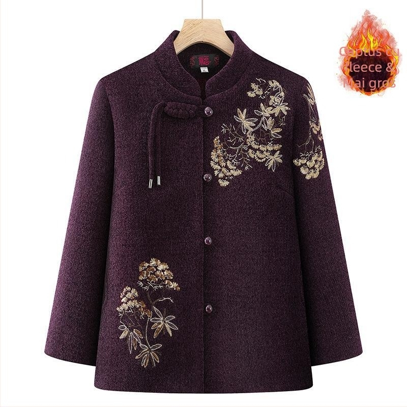 Geacă din bumbac cu căptușeală de fleece, croială lungă, guler detașabil din blană artificială, potrivită pentru femei în vârstă