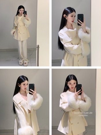 Palton damă reversibil cu blană de vulpe și amestec lână-cashmere, siluetă cu talie accentuată, țesătură corduroy, iarna 2025, conținut blană de iepure sub 30%