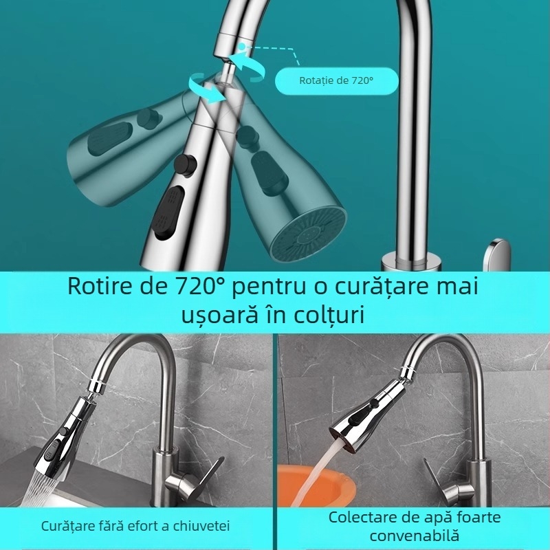 Extender pentru robinet de bucătărie cu duză universală pivotantă și aerator extins anti-stropire; interfață filetată; model 0410; ABS; electroplating; Morro