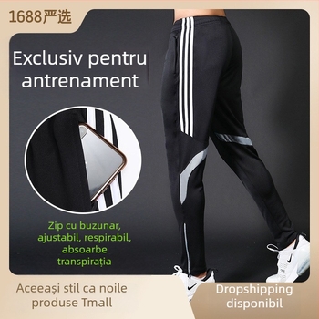 Pantaloni sport pentru bărbați, talie medie, croială Slim, uscare rapidă și transferul umezelii, dungă laterală, 98% poliester în compoziție pentru alergare și antrenament.
