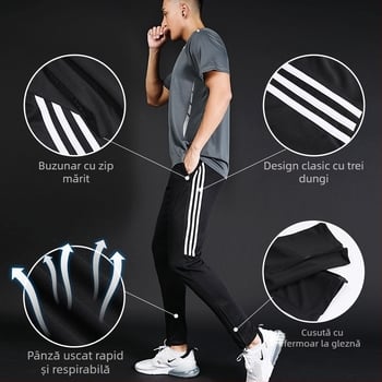 Pantaloni sport pentru bărbați, talie medie, croială Slim, uscare rapidă și transferul umezelii, dungă laterală, 98% poliester în compoziție pentru alergare și antrenament.