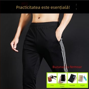 Pantaloni sport pentru bărbați, talie medie, croială Slim, uscare rapidă și transferul umezelii, dungă laterală, 98% poliester în compoziție pentru alergare și antrenament.