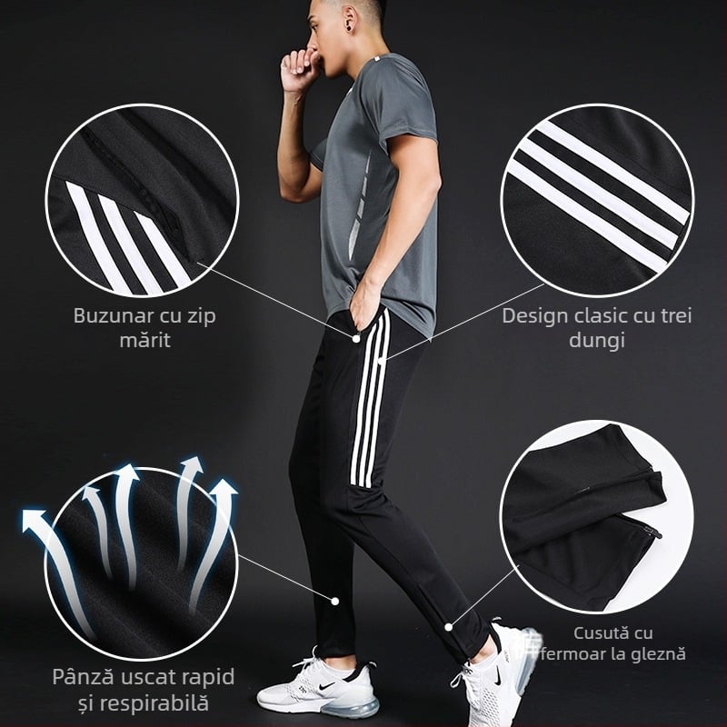 Pantaloni sport pentru bărbați, talie medie, croială Slim, uscare rapidă și transferul umezelii, dungă laterală, 98% poliester în compoziție pentru alergare și antrenament.