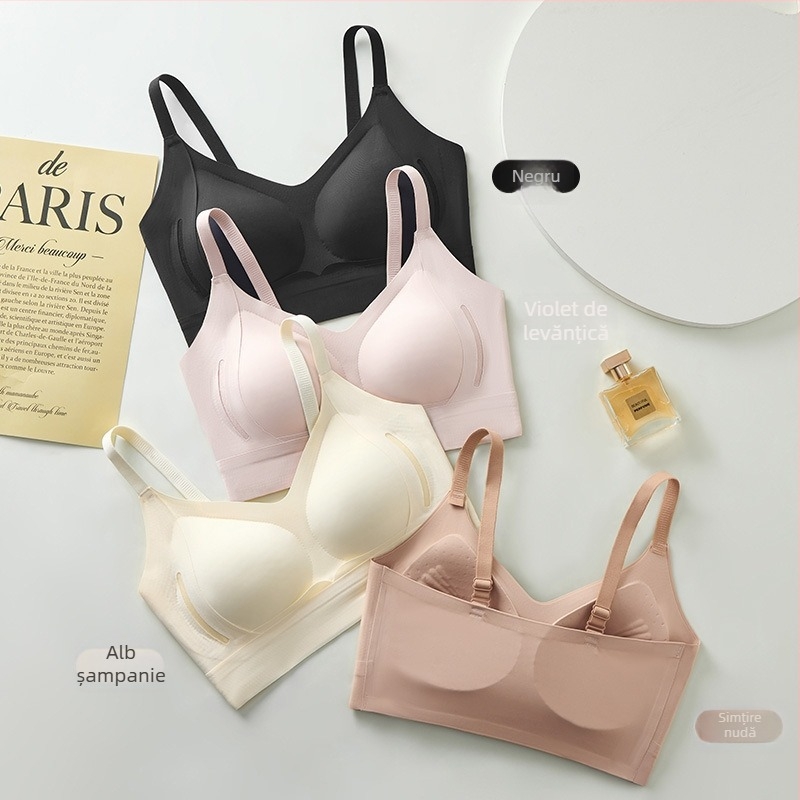Sutien fără cusături cu cupă completă, cupe subțiri modelate, bretele duble fixe, material din nylon, susținere moale