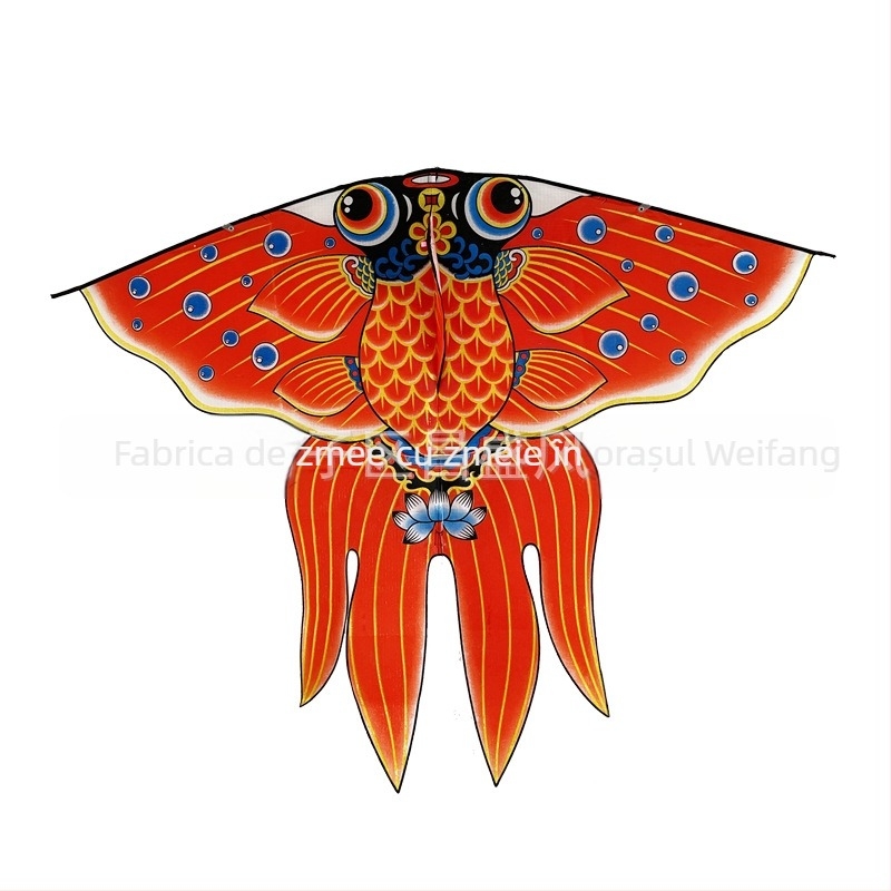 Kite triunghiular cu design Bubble Goldfish, patru aripi, lucrat manual, din poliester, schelet din fibră de sticlă