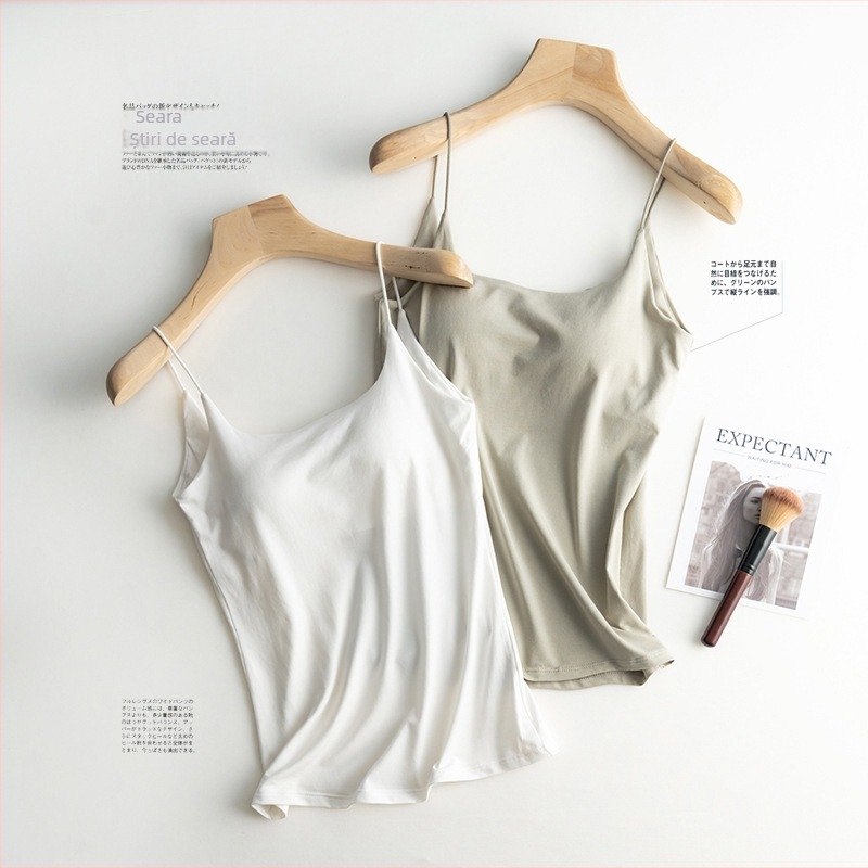 Camisolă damă fără spate, bretele sling, cu burete încorporat pentru bust, din amestec de bumbac și viscose, culoare solidă