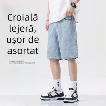 Șorturi denim pentru bărbați, croială dreaptă, talie medie, lungime cinci sferturi, micro-elasticitate, 100% poliester