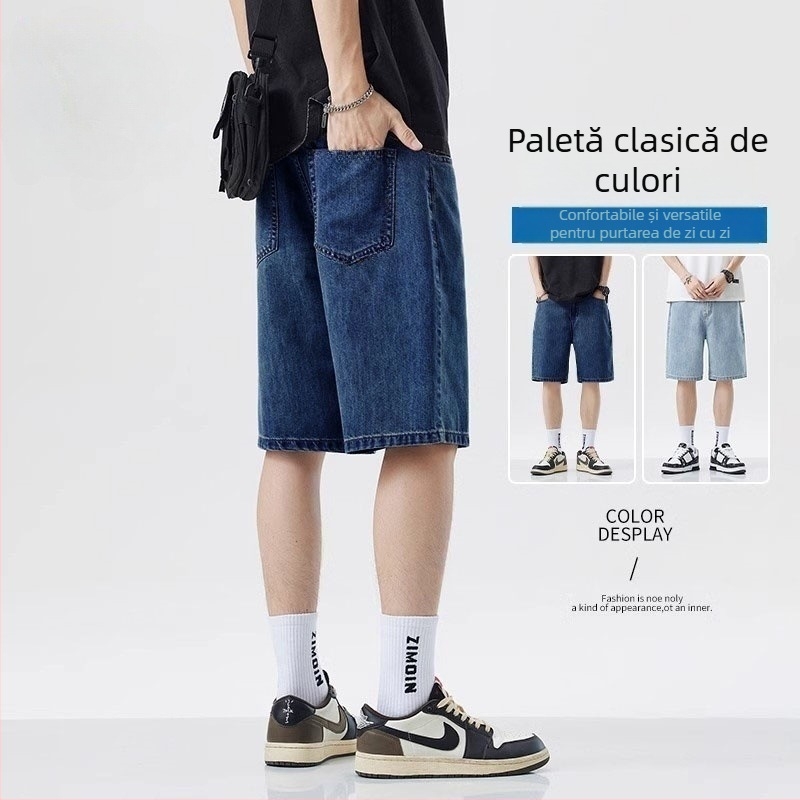Șorturi denim pentru bărbați, croială dreaptă, talie medie, lungime cinci sferturi, micro-elasticitate, 100% poliester
