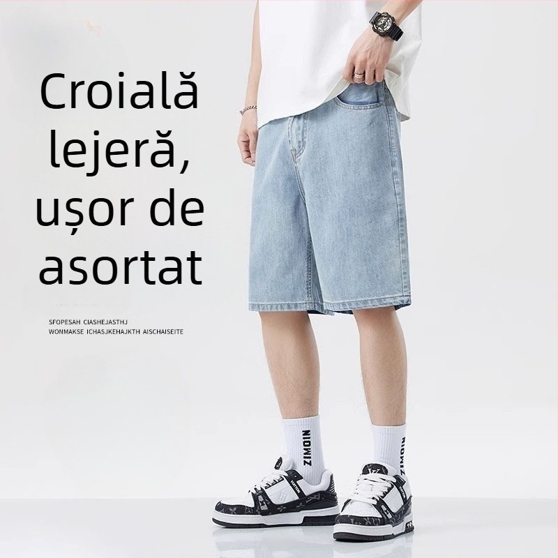 Șorturi denim pentru bărbați, croială dreaptă, talie medie, lungime cinci sferturi, micro-elasticitate, 100% poliester