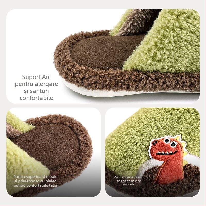 Papuci de copii din fleece, cu degete acoperite – unisex, model animal, talpă PVC, anti-derapare, călduroase, pentru 1–12 ani, Iarna 2025