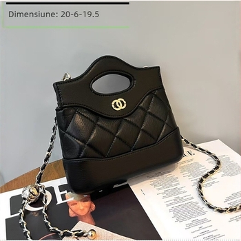 Geantă cu lanț în stil Chanel, din piele naturală de vițel de primă calitate, model quilting diamant, formă orizontală pătrată, închidere magnetică