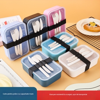 Cutie pentru prânz cu compartimente etanșe, formă dreptunghiulară, material PP cu paie de grâu, 1–2 L capacitate, unul sau două niveluri