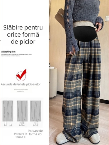 Pantaloni de maternitate în carouri, largi, cu fleece, pentru toamnă–iarna, susținerea burții, material din amestec de lână (poliestere 50–70%, bumbac <30%), micro-elastic