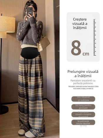 Pantaloni de maternitate în carouri, largi, cu fleece, pentru toamnă–iarna, susținerea burții, material din amestec de lână (poliestere 50–70%, bumbac <30%), micro-elastic