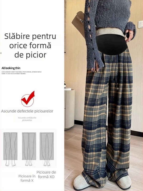 Pantaloni de maternitate în carouri, largi, cu fleece, pentru toamnă–iarna, susținerea burții, material din amestec de lână (poliestere 50–70%, bumbac <30%), micro-elastic