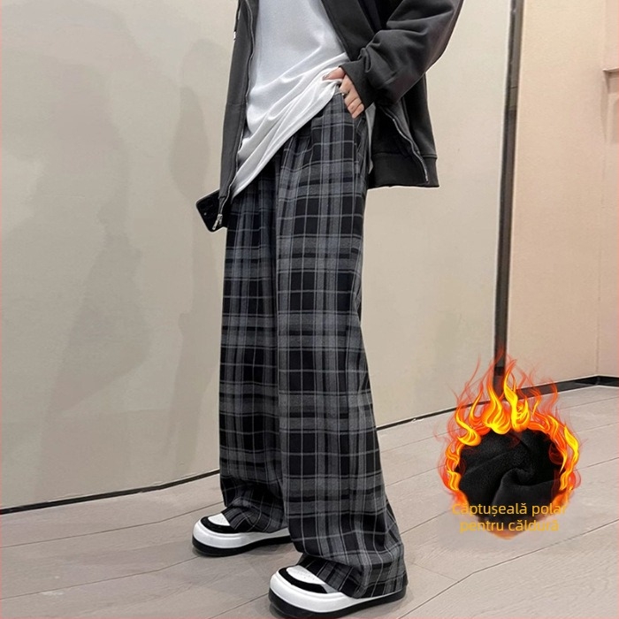 Pantaloni de maternitate în carouri, largi, cu fleece, pentru toamnă–iarna, susținerea burții, material din amestec de lână (poliestere 50–70%, bumbac <30%), micro-elastic