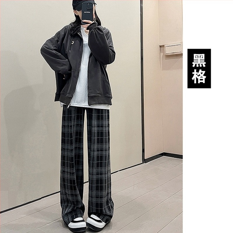 Pantaloni de maternitate în carouri, largi, cu fleece, pentru toamnă–iarna, susținerea burții, material din amestec de lână (poliestere 50–70%, bumbac <30%), micro-elastic