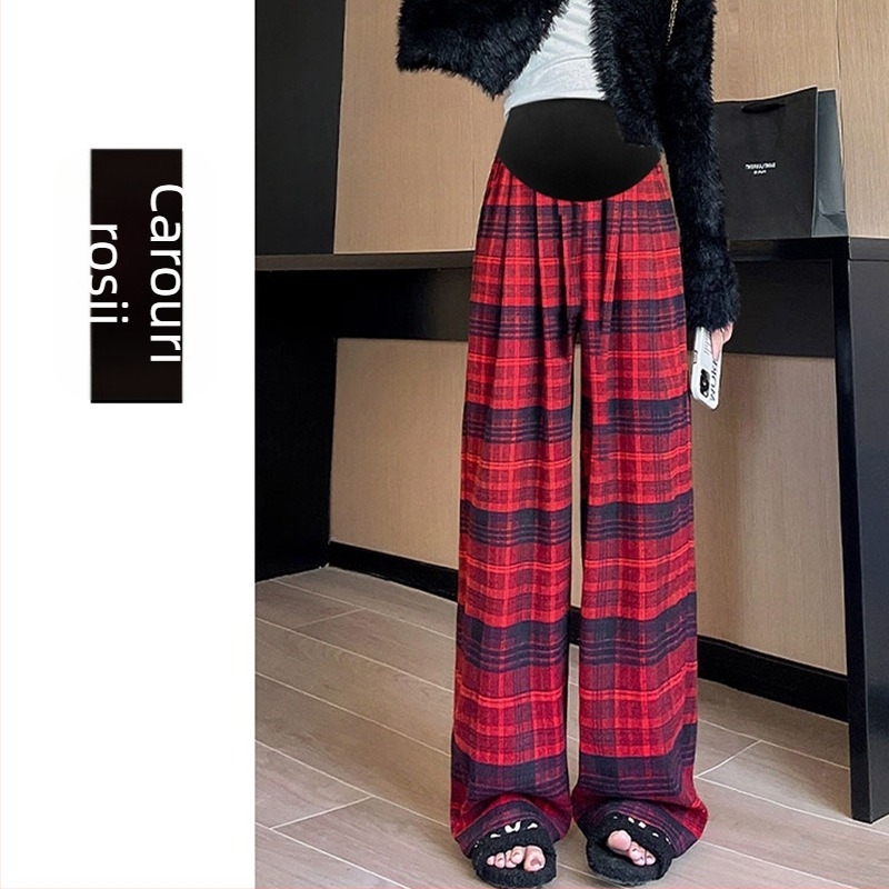 Pantaloni de maternitate în carouri, largi, cu fleece, pentru toamnă–iarna, susținerea burții, material din amestec de lână (poliestere 50–70%, bumbac <30%), micro-elastic