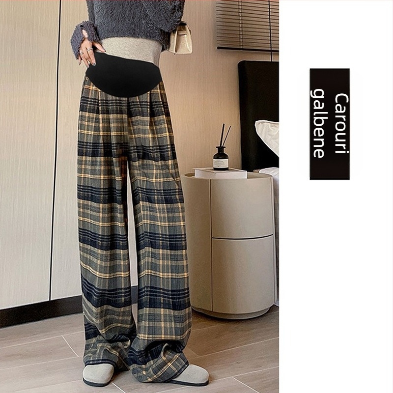 Pantaloni de maternitate în carouri, largi, cu fleece, pentru toamnă–iarna, susținerea burții, material din amestec de lână (poliestere 50–70%, bumbac <30%), micro-elastic