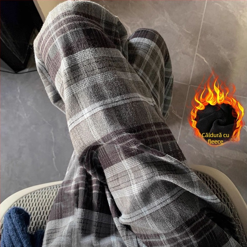 Pantaloni de maternitate în carouri, largi, cu fleece, pentru toamnă–iarna, susținerea burții, material din amestec de lână (poliestere 50–70%, bumbac <30%), micro-elastic