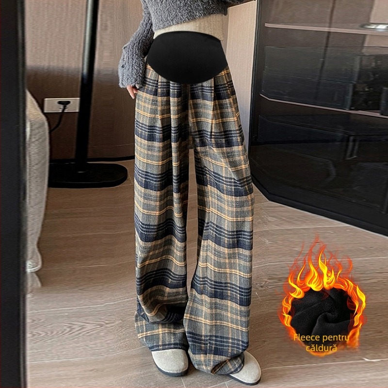 Pantaloni de maternitate în carouri, largi, cu fleece, pentru toamnă–iarna, susținerea burții, material din amestec de lână (poliestere 50–70%, bumbac <30%), micro-elastic
