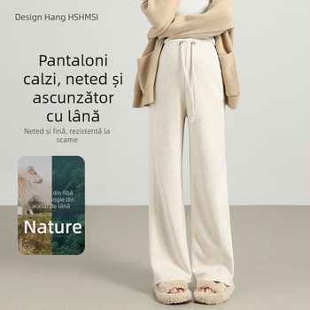 Pantaloni de maternitate croială largă, amestec lână–polieester, susținere pentru burtă, talie înaltă, lungi, pentru iarnă